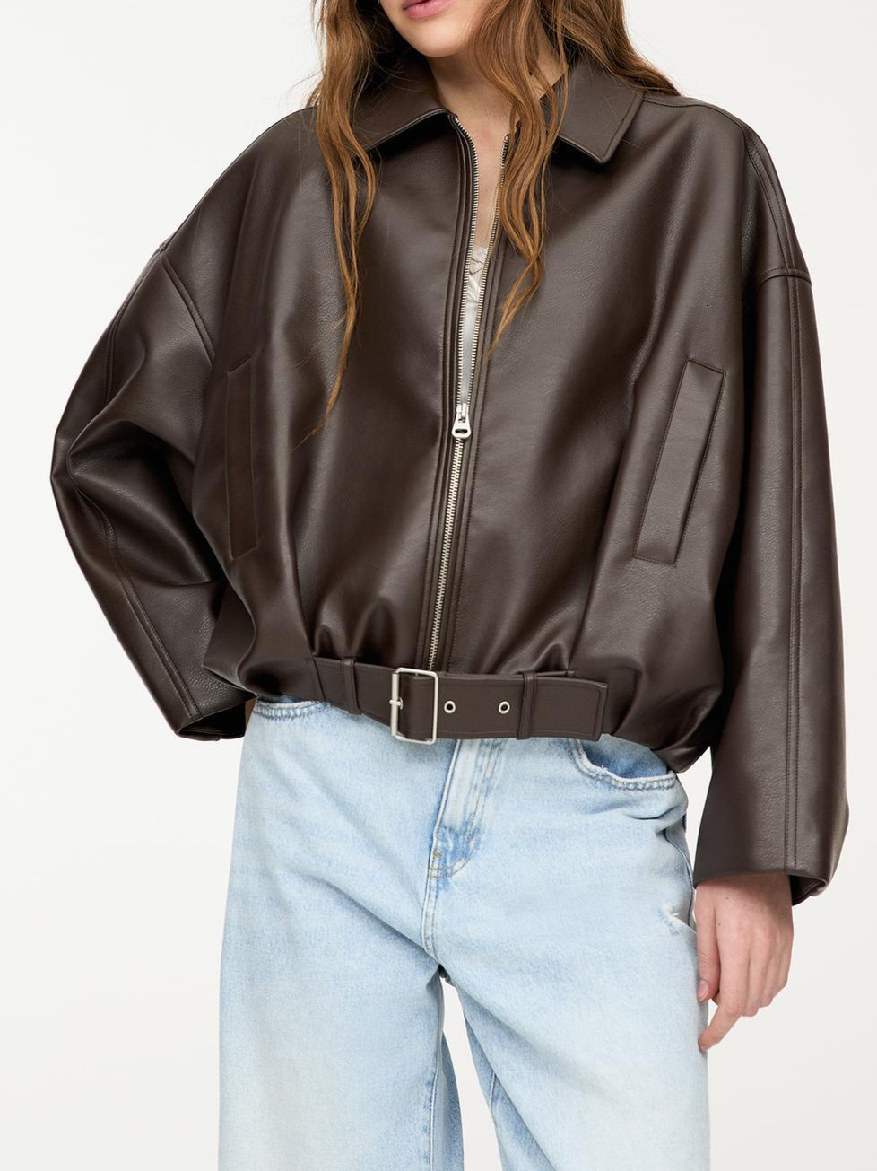 In stock: Autumn/Winter retro motorcycle PU leather jacket, loose-fitting, with a stand-up collar, pilot-style, zip-up, casual outerwear, cross-bord