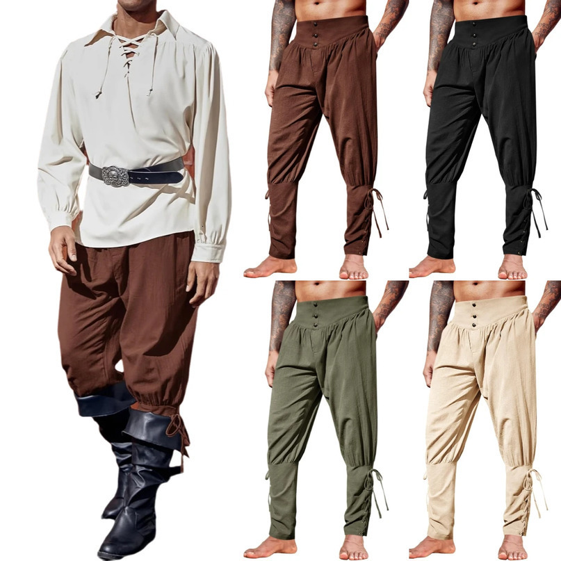 Mens Medieval Ankle Pants Renaissance Viking Pirate Lace Up Tapered Halloween Linen Costume Trousers Cargo 261019