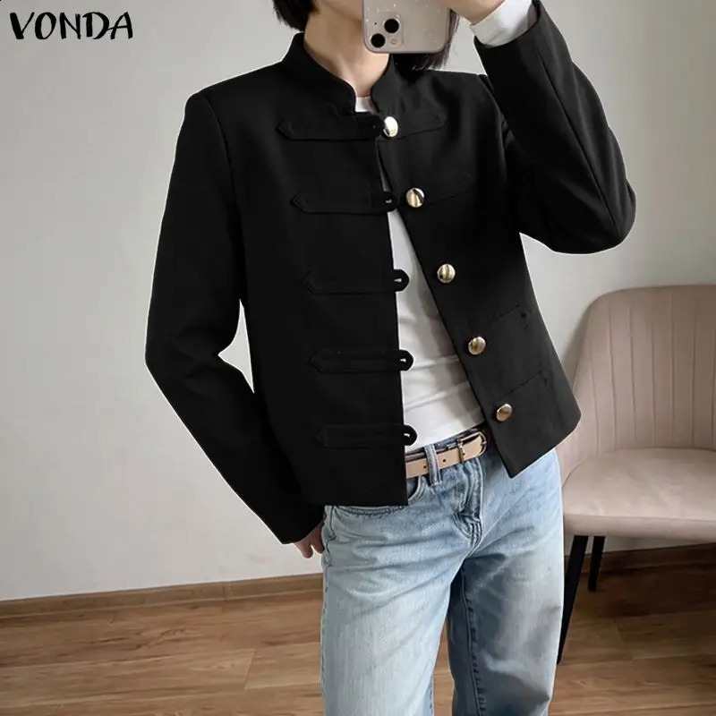 Fashion VONDA Women Jackets Autumn Stand Collar Long Sleeve Tops Button Office OL Work Party Short Thin Coat Streetwear Oversize 261014