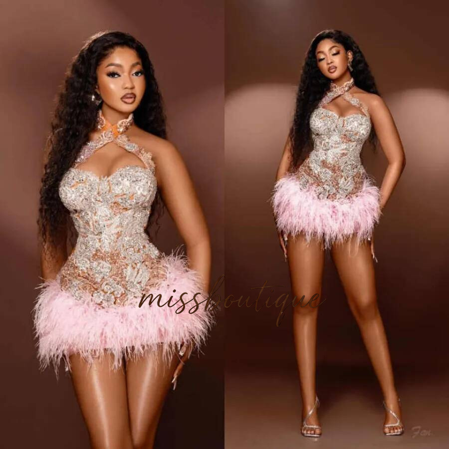 Mini Cocktail Party Prom Dresses Halter Illusion Feather Mermaid Night Gowns Arabic Birthday Evening Dress Customized Q017