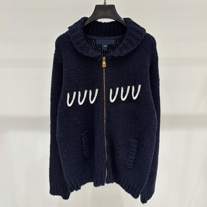 Deep Blue Knit Coat For Women Letter Embroidery Lapel Collar Zipper Up Rib Trim Oversize Outwear Autumn Warm Weekend Travel Relax Fluzzy Cardigan