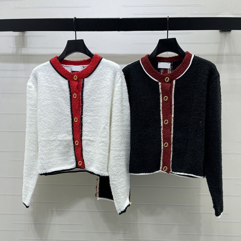 Luxury Party Cardigan Women Color Blocked Letter Buttons Tweed Style Knitted Cardigans Autumn Elegant Cropped Fitted Sweater Coat