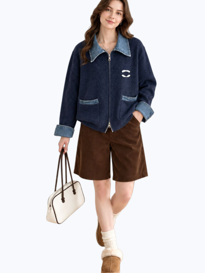 Designer Sweater Womens Sweater Retro piece denim Splicing sweatshirt sweater womens loose zipper jacket for autumn and winter