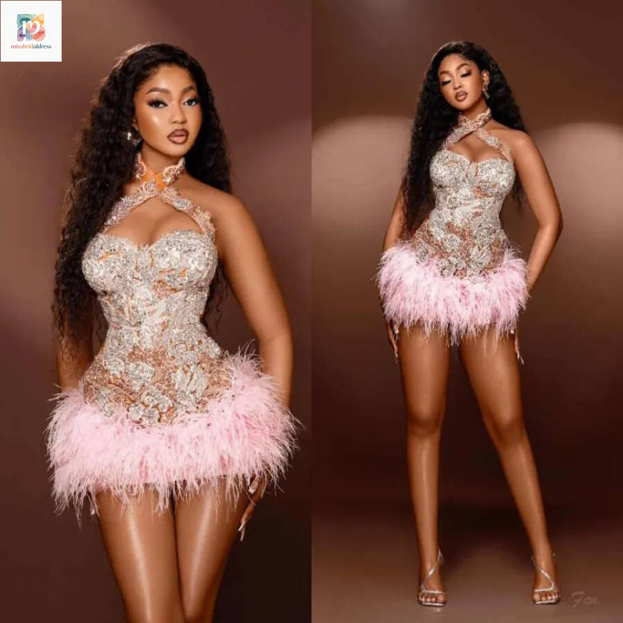Mini Cocktail Party Prom Dresses Halter Illusion Feather Mermaid Night Gowns Arabic Birthday Evening Dress Customized Mb017
