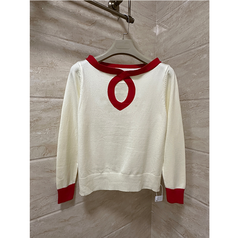 2027 Designer Fashion Elegant Bow Neck Knitted Sweater Red White Color Block Long Sleeve Short Top