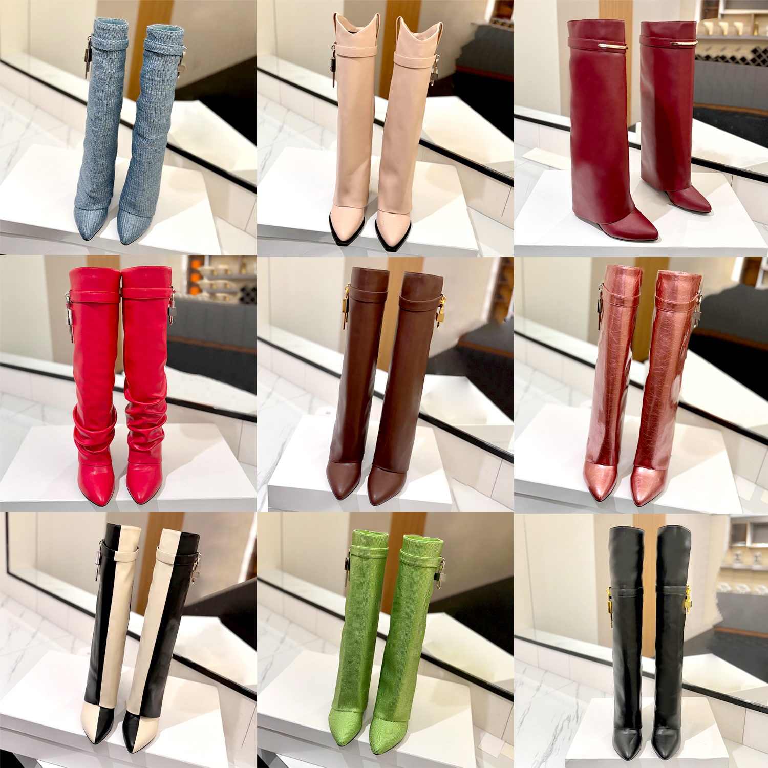 New Women Knee High Boots Pointed Toe Zipper 10a sharks High Heel boot Shiny Genuine Leather Booties luxurys Designer Tassel rhinestone Knee boots F
