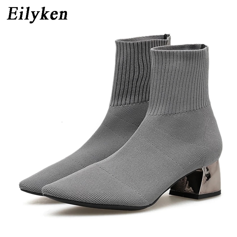 EilyKen Autumn Winter Knitted Stretch Fabric Socks Women Low Heel Short Boots Gray Pointed Toe Female Ankle Booties 260928
