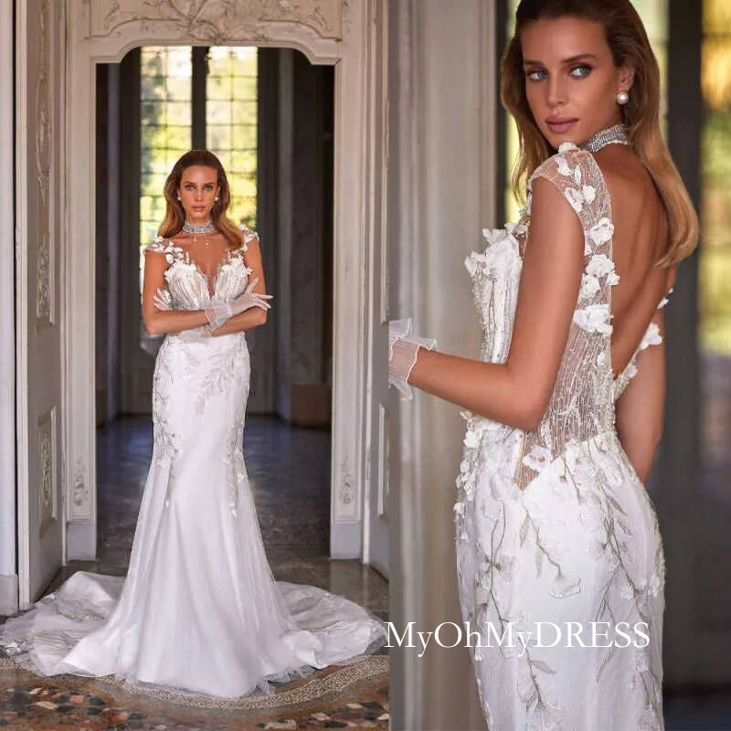 Customized Beach Mermaid Wedding Dresses Illusion 3D Flowers Appliques Backless Bridal Gowns Formal Bride Dress Y016