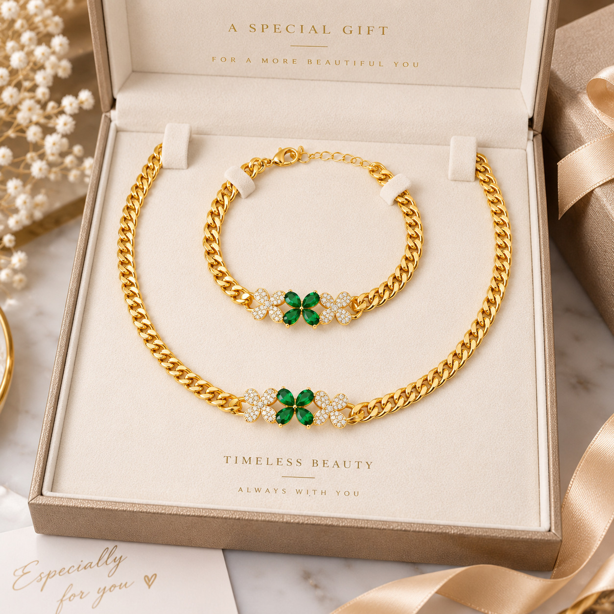 style, light luxury four-leaf clover Cuban link necklace and bracelet set for women, gold-plated, with cubic zirconia, a high-end jewelry gift
