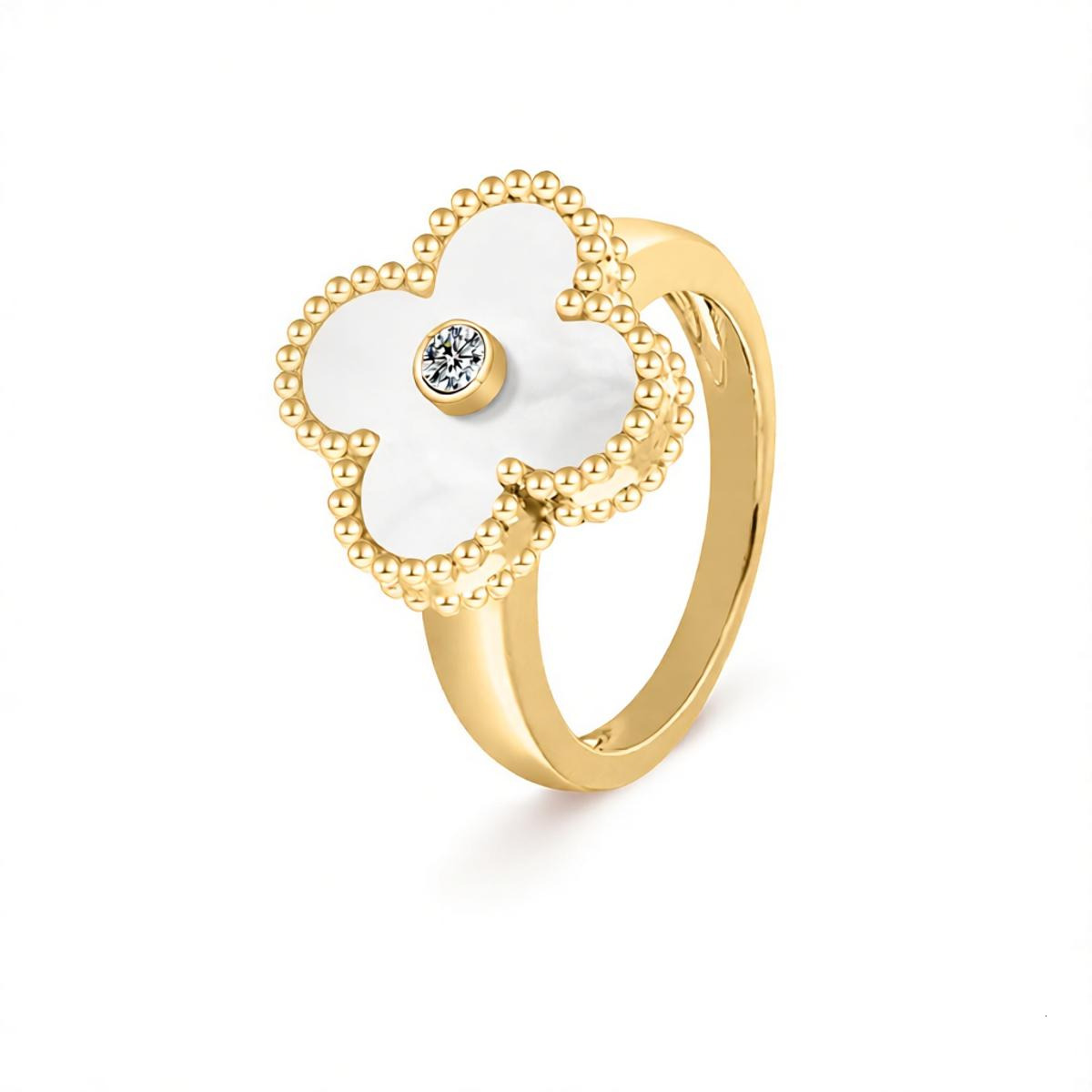 designer ring for women Four-Leaf Ring V-Shaped Natural Mother-Of-Pearl Diamond Accents Laser-Engraved Adjustable Opening Three-Leaf Clover vanlies