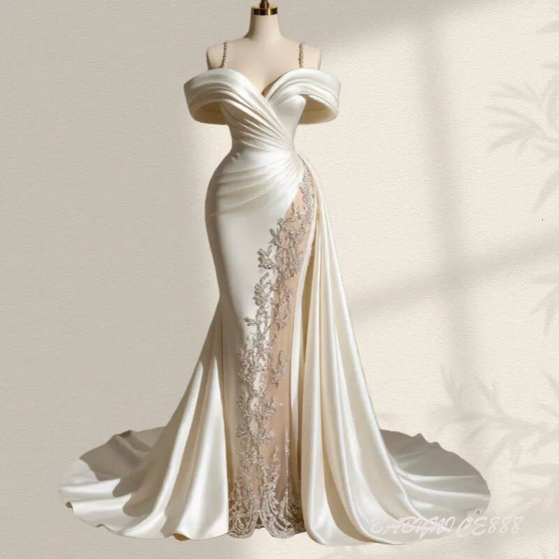 Elegant Ivory Satin Mermaid Wedding Dresses Champagne Linner Lace Appliques Spaghetti Long Bridal Gowns 2026 Bride Reception Dress Customized
