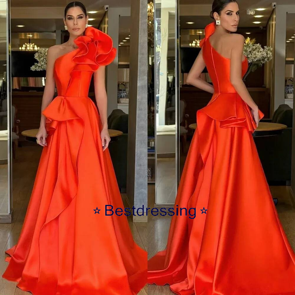 Exquisite One Shoulder Orange Evening Pageant Dress 2024 Sleeveless Flowers Satin A Line Women Prom Formal Gowns Vestidos Feast Robe De Soiree Bd019