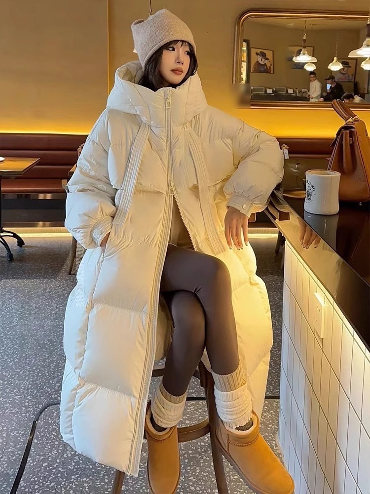 Korean Style High Quality White Duck Down Jacket Women New Long Over Knee Winter Large Quilt Warm Puffer Coat Windproof Outerwear Daily Street Wear