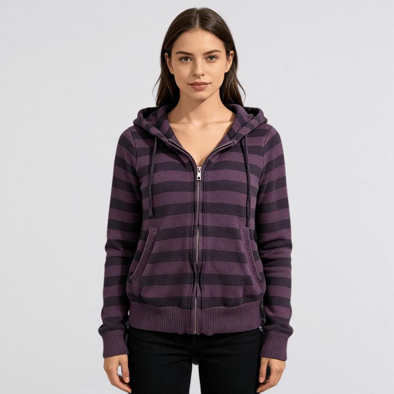Women Striped Zip Up Knit Hoodie Drawstring Hooded Long Sleeve Cardigan Jacket Soft Knitted Casual Fall Winter Outerwear