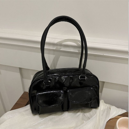 Women Retro Patent Leather Bowling Shoulder Bag, Vintage Double Front Pocket Underarm Handbag, Minimalist Curved Top Handle Tote Bag for Daily Commu