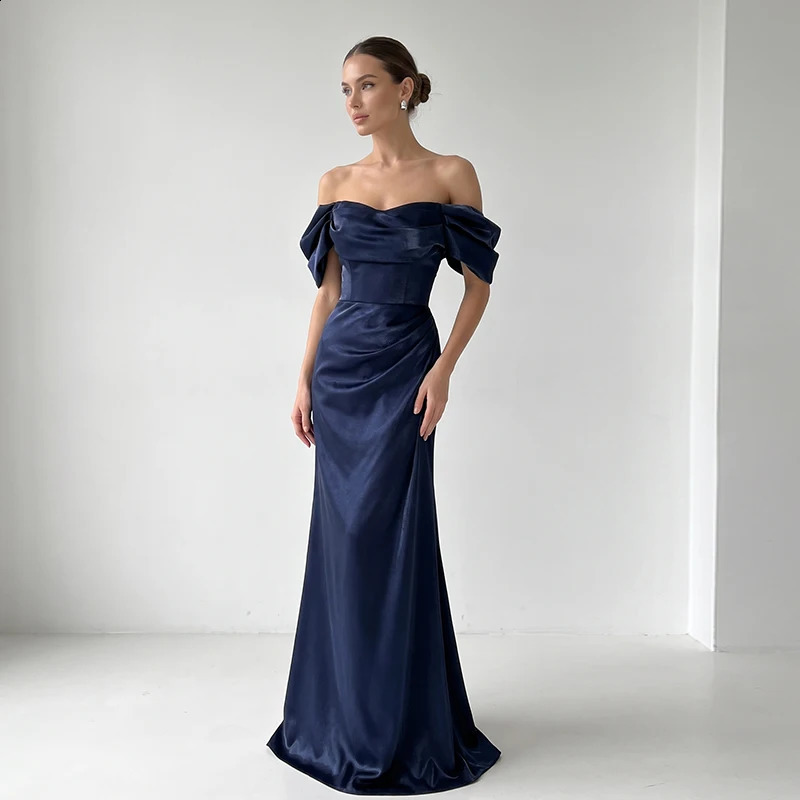Off Shoulder Navy Blue Satin Mermaid Evening Dress Fold Sleeve Ruched Waist Floor Length Elegant Formal Gown For Wedding Guest 261015