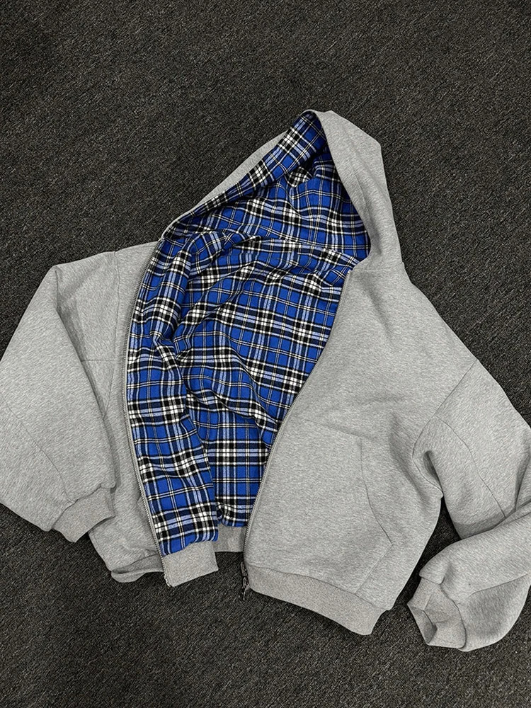 Fashion Two Wear Plaid Hoodies Women Y2K Long Sleeve Loose Hood Shirt Korean Zipper Sweatshirt Coats Streetwear Harajuku Jackets 261014