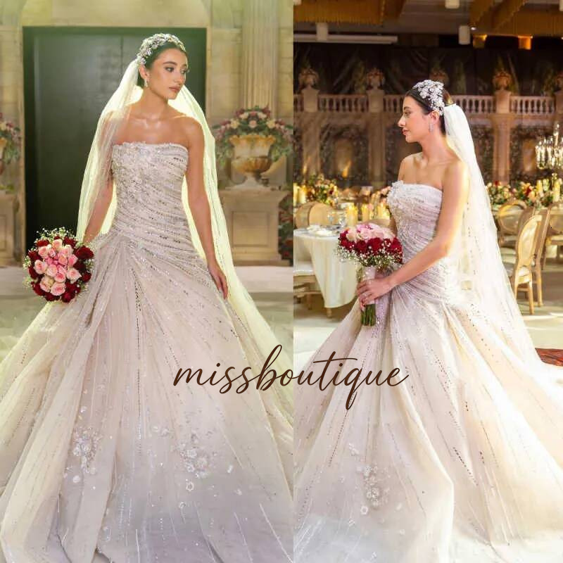 Elegant A Line Applique Wedding Strapless Sequins Bridal Gowns Sweep Train Rhinestone Bride Dress Customized Q019
