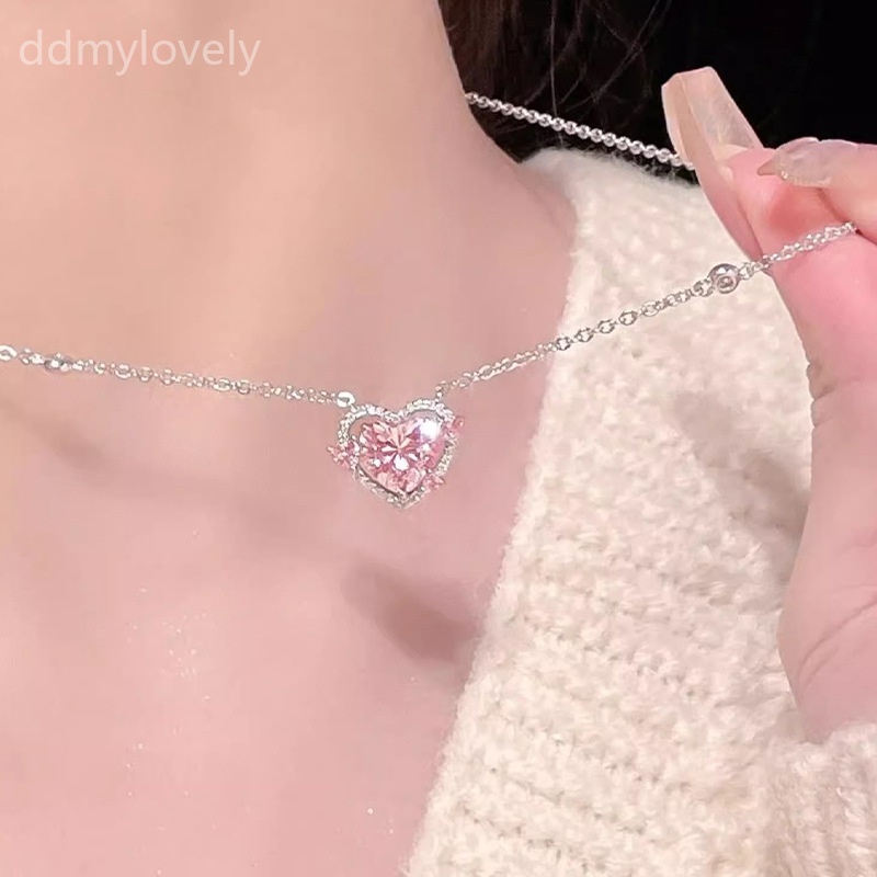 Pink Heart Pendant Necklace S999 Sterling Silver Women's Jewelry Cubic Zirconia Fashion Clavicle Chain Gift