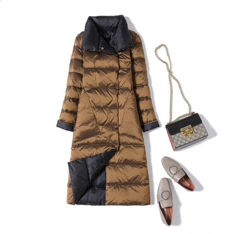 2 IN 1 Reversible Lightweight Duck Down Jacket Women Long Coat Winter White Duck Down Overcoat Woman Puffer Jacket JK-253 261014