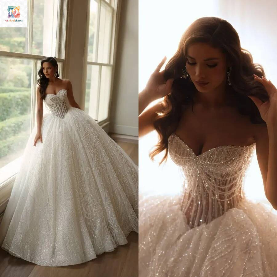 Strapless Ball Gown Wedding Dresses Gorgeous Crystal Beaded Sweep Train Bride Dress Custom Made Formal Women Bridal Gowns Mb017