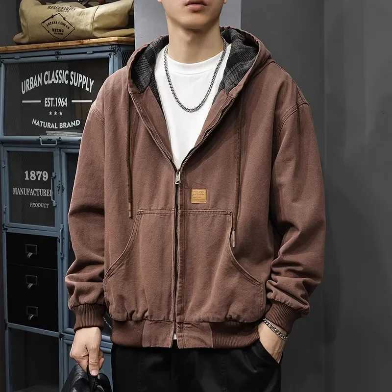 American Retro Hooded Work Jacket in Autumn and Winter New Loose Plaid Trendy Brand Inner Casual Jacket Trendy T261019
