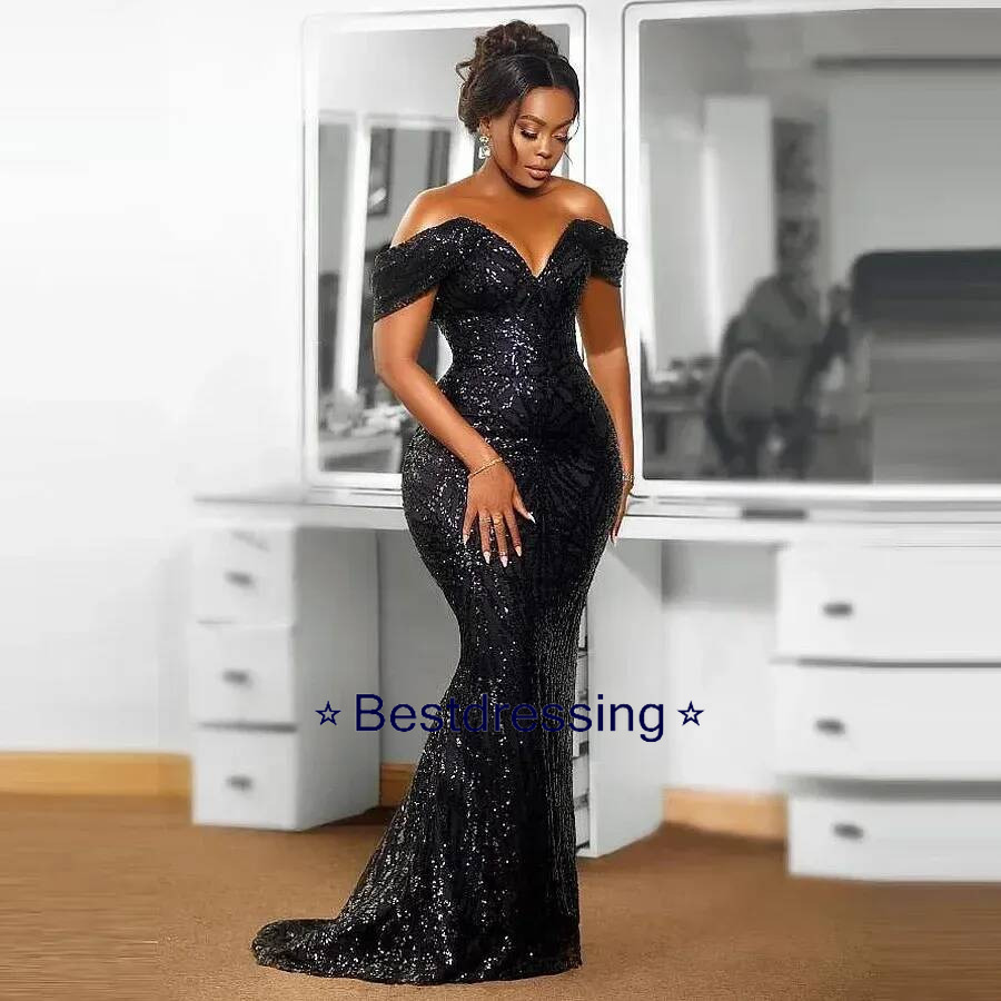 Sequins Mermaid Prom Dresses For African Women Off The Shoulder Shine Evening Dress Girls Birthday Gowns Size Customized Vestido De Novia Bd019