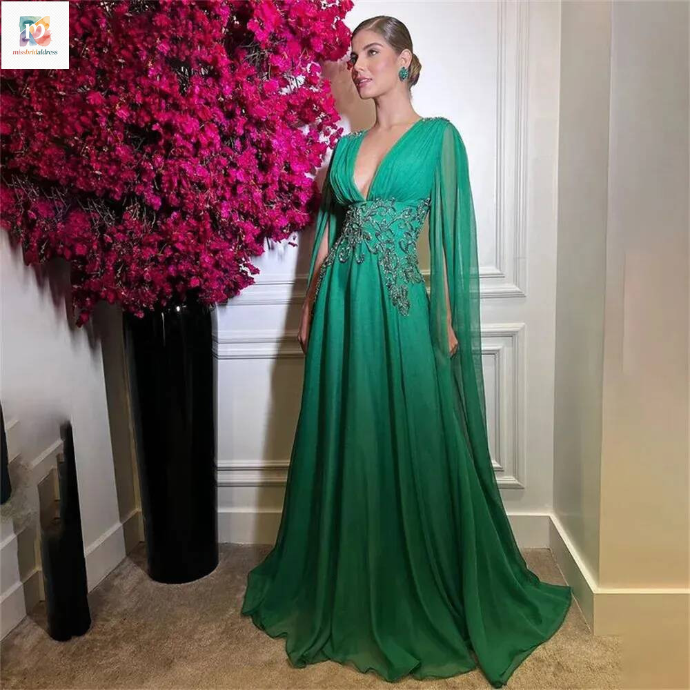 Dark Green Beach Evening Gowns Long Sleeves Prom Dress Chiffion Party Dresses For Woman Custom Made Vestidos De Noche Mb019