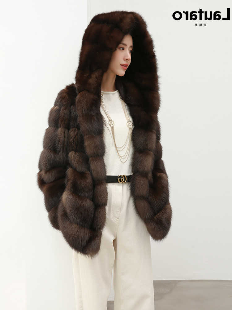 Autumn Lautaro Winter Elegant Chic Thick Warm Soft Sable Fur Coat Women Hood Quty Fluffy Jacket Hoodie S26101659JB