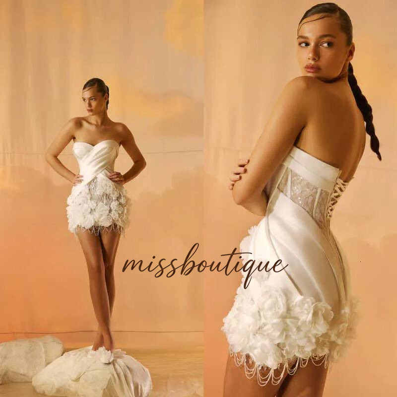 Sexy Mini Wedding Dresses Handmade Flowers Backless Bridal Gown Customized Beach Bride Dress Vestido De Novia Q019