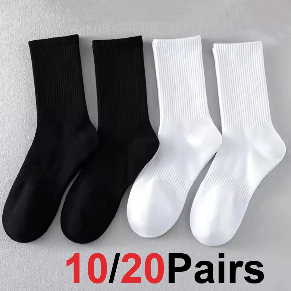 20Pairs Pure Cotton Mens High Socks Classic Black White Breathable SweatAbsorbent Warm Elastic Sports Socks 261019