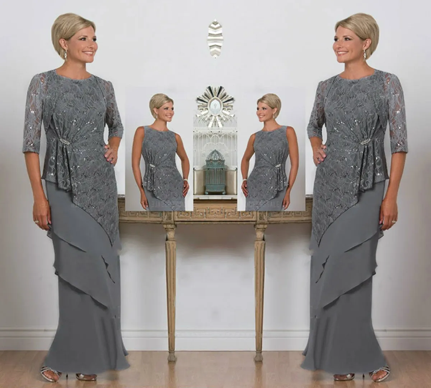 Grey Mother Of The Bride Dresses Long Lace Sequined Ankle Length Half Long Sleeves Mother's Gowns Wedding Guest Dress Plus Size Dress Party CG0