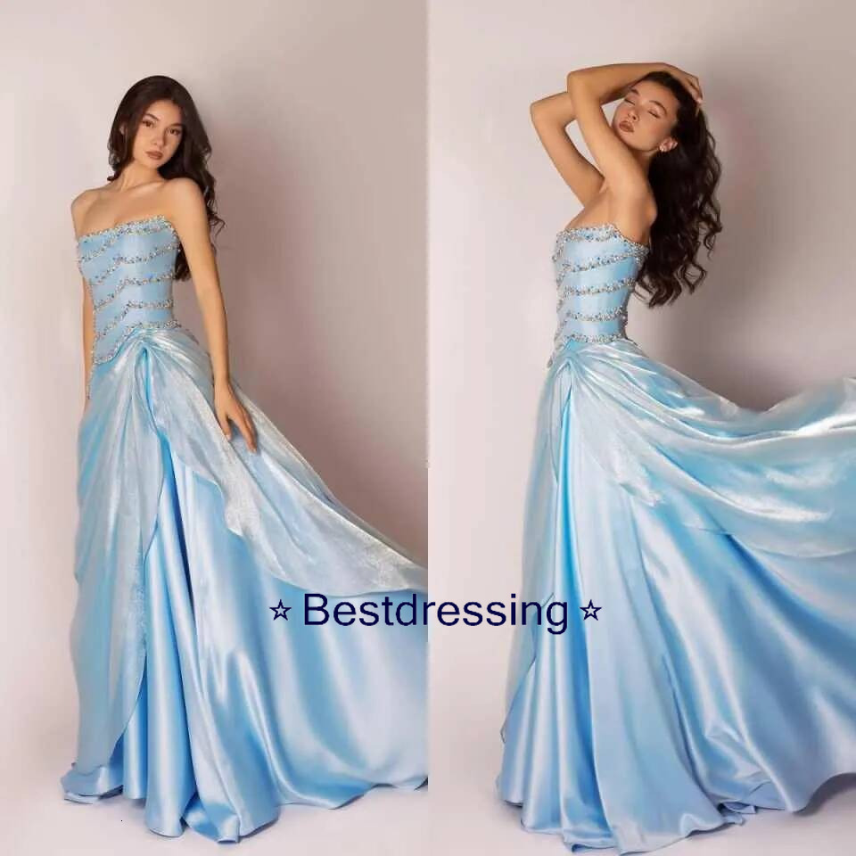 Fashion Beaded Evening A Line Strapless Women Party Dresses Sleeveless Crystal Pearls Prom Gowns Customized Floor Length Formal Dress Bd019