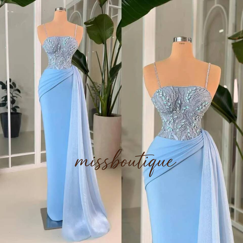 Sexy Spaghetti Evening Dresses Mermaid Pleated Beads Women Prom Gowns Second Engagement Dress Customized Q017