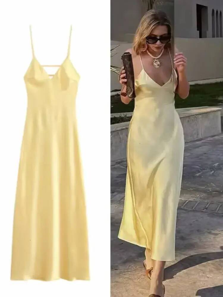 Women Casual Dress Yellow Satin Sling Dress Women Elegant V Neck Sleeveless Backless High Waist Maxi Dresses Summer Lady Party Evening Robes everyda