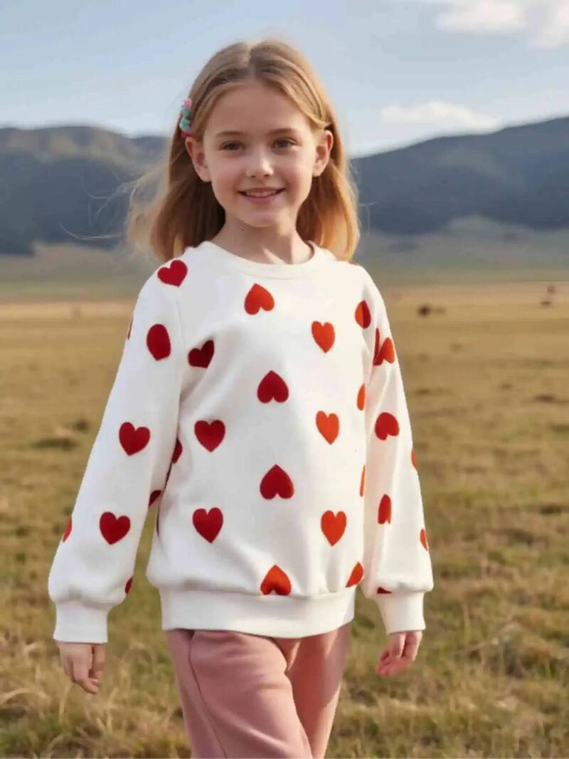 Girls Hoodie Spring And Autumn Childrens Solid Color Full Print Love Pullover Long Sleeve Casual Comfortable Lovely pullover Shirt Crew Neck S