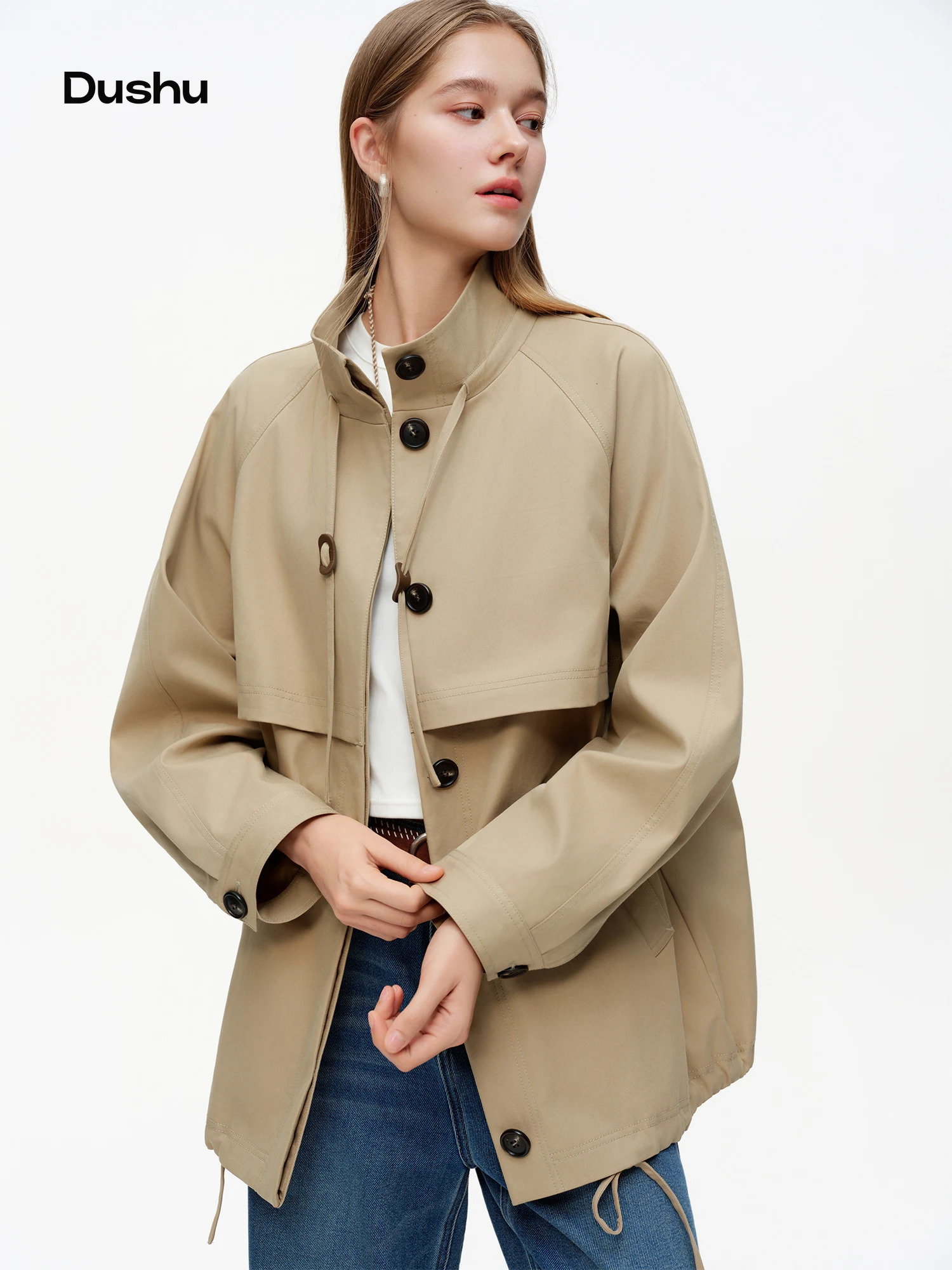 DUSHU Women's Casual Midlength Khaki Trench Coat 2026 Spring Long Sleeve Elegant Outerwear Singlebreasted Commuting 260929
