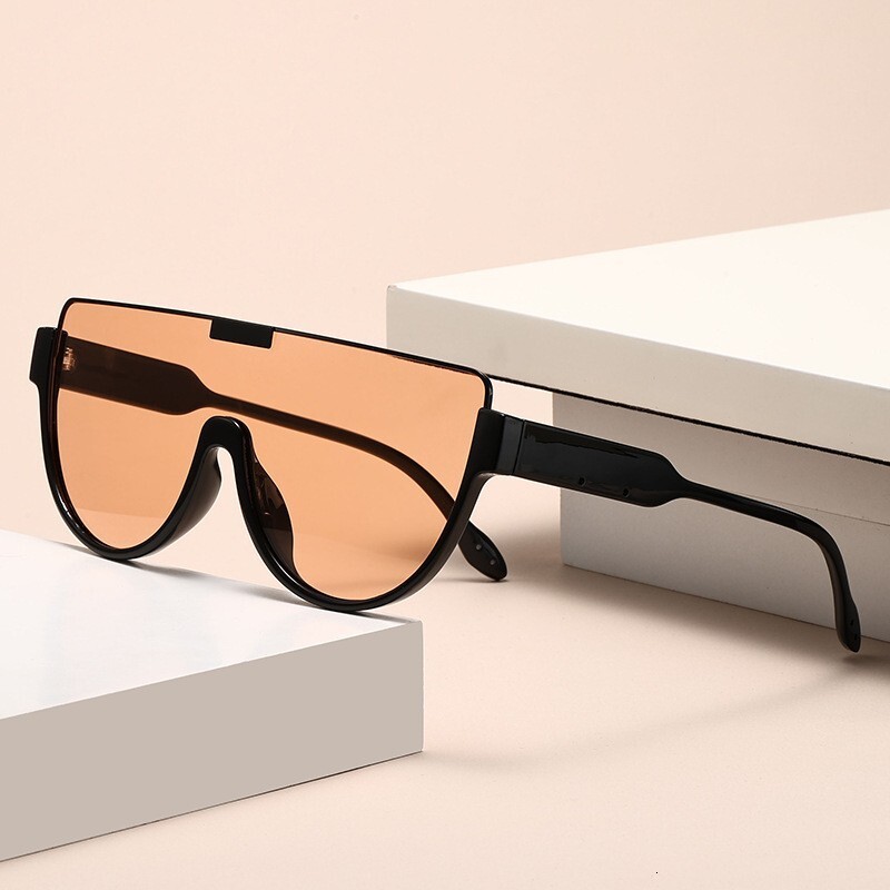 New Large-Frame One-Piece Lens Women With Big Faces, Slimming Effect, Brown Street Style Face Shield Sunglasses For Men, Trendy And Popular Chunjinq