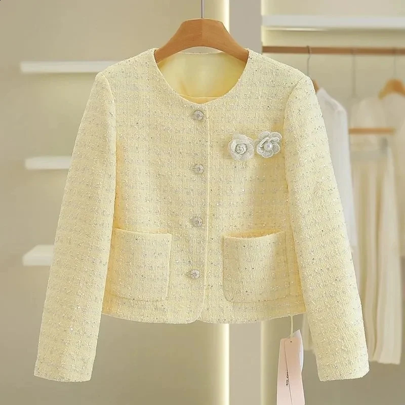 2026 Women's Jacket Tweed Round Neck Single-breasted Cardigan Coat Young Slim Loose Fashion Style Small Fragrance Short Coat 261014