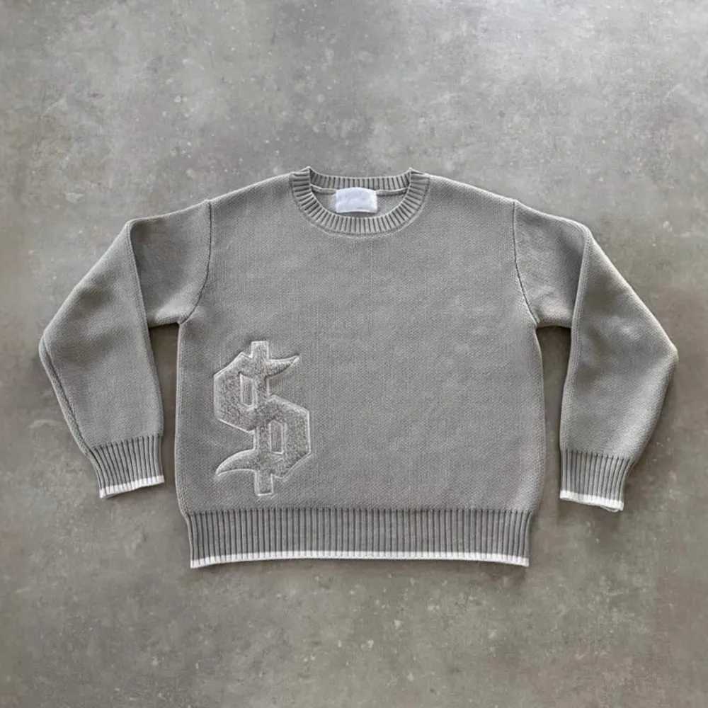 Y2K Grey Knit Long Sleeve Sweater Dollar Goth Embroidery Pullover Women Retro Casual Streetwear Old Money Men Clothes Unisex Top T261019