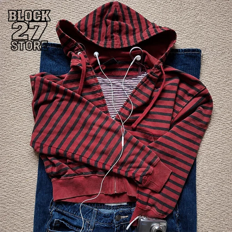 Vintage Red Black Stripe Full Zip Hoodie Women Men Y2K Aesthetic Loose Cropped Hooded Jacket Streetwear Long Sleeve Sweatshirt 261019