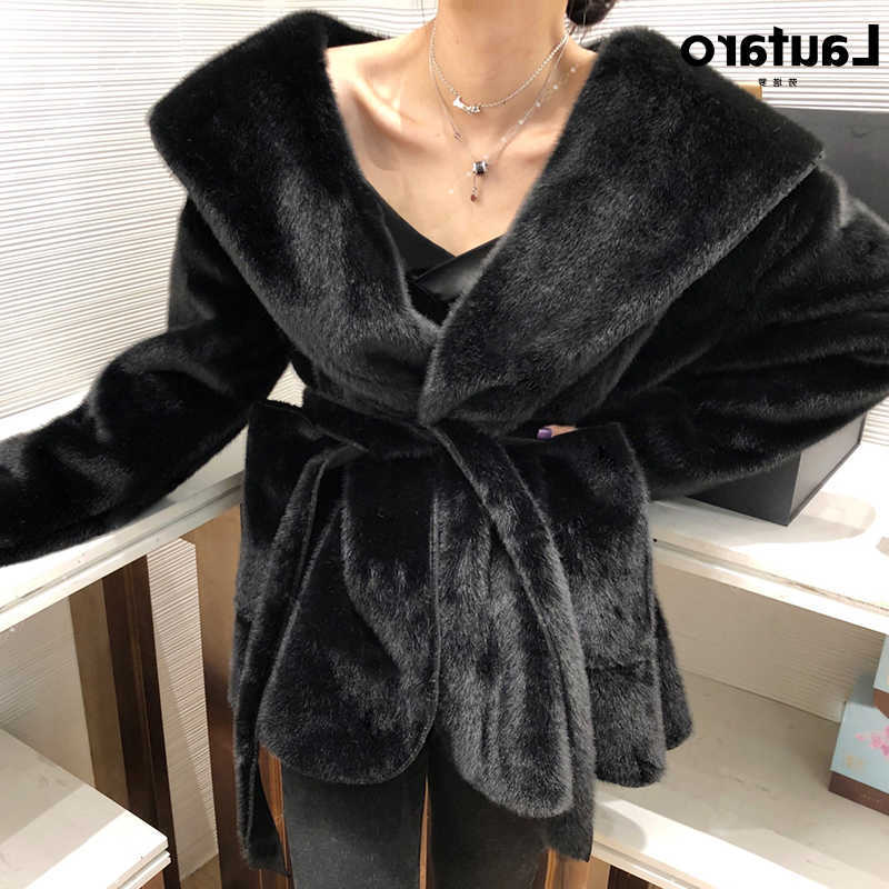 Winter Lautaro Black Warm Oversized Fur Cardigan Women Drop Shoulder Long Slve Sashes Loose S2610161Q6W
