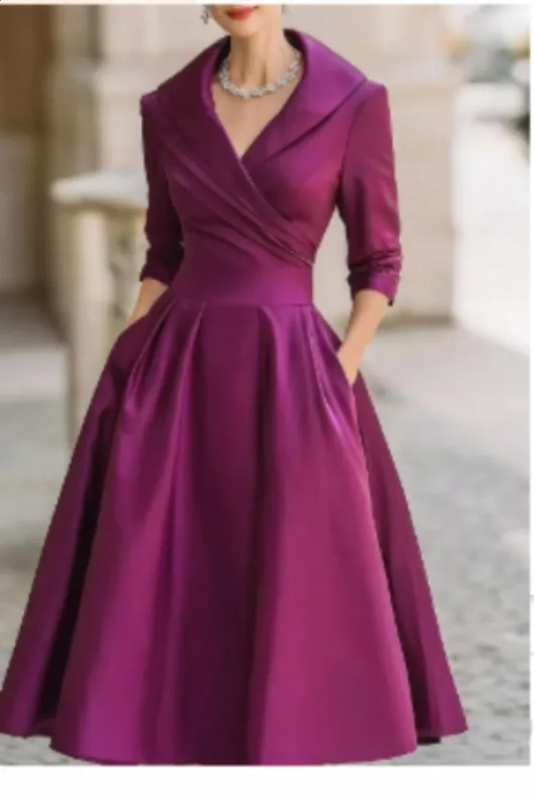 Women Elegant V Neck Midi Dress Lapel Pleated Waist A Line Formal Party Dress With Pockets 261015