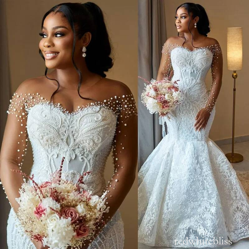 Plus Size For Bride Mermaid Wedding Gowns Sheer Neck Crystals Long Sleeves Sequined Beaded Lace Rhinestones Bridal Dress D375