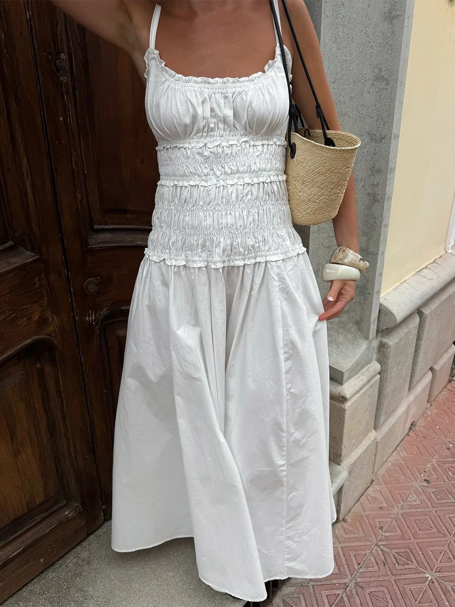 Bornladies 2026 Summer White Ruched Long Dresses Women's Spaghetti Strap Cotton Slim Fitted Waist Dress 261014