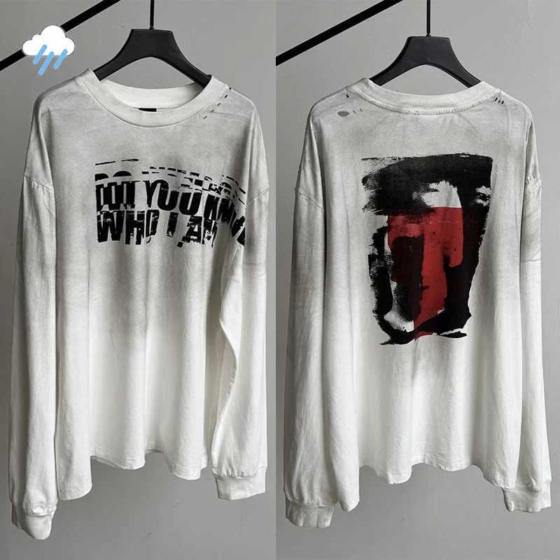 Men Women Vintage White Dirty Damaged Hole T-Shirt Letters Graphics Graffiti DO YOU KNOW WHO I AM Saint Long-Sleeve T Shirt Tag T261019
