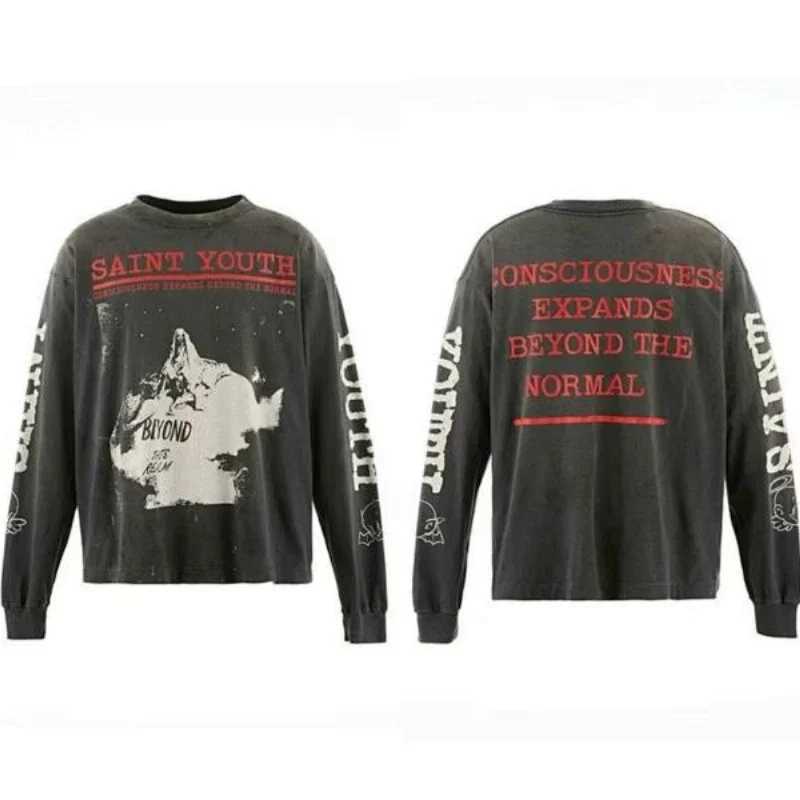 High Quality Saint Oversize O-Neck Cotton T-shirt Print Long Sleeve Wash Coat T Outdoor T261019