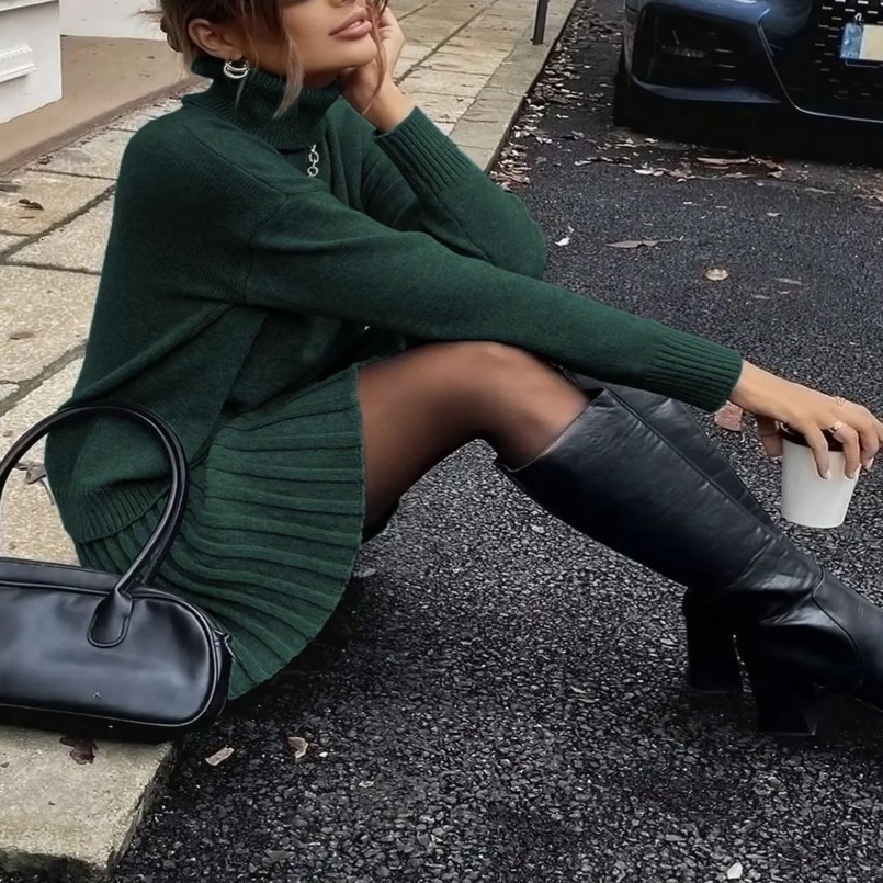 Womens TwoPiece Knit Set LongSleeve Turtleneck Pullover and HighWaisted Pleated Mini Skirt Elegant AutumnWinter Outfit 261012