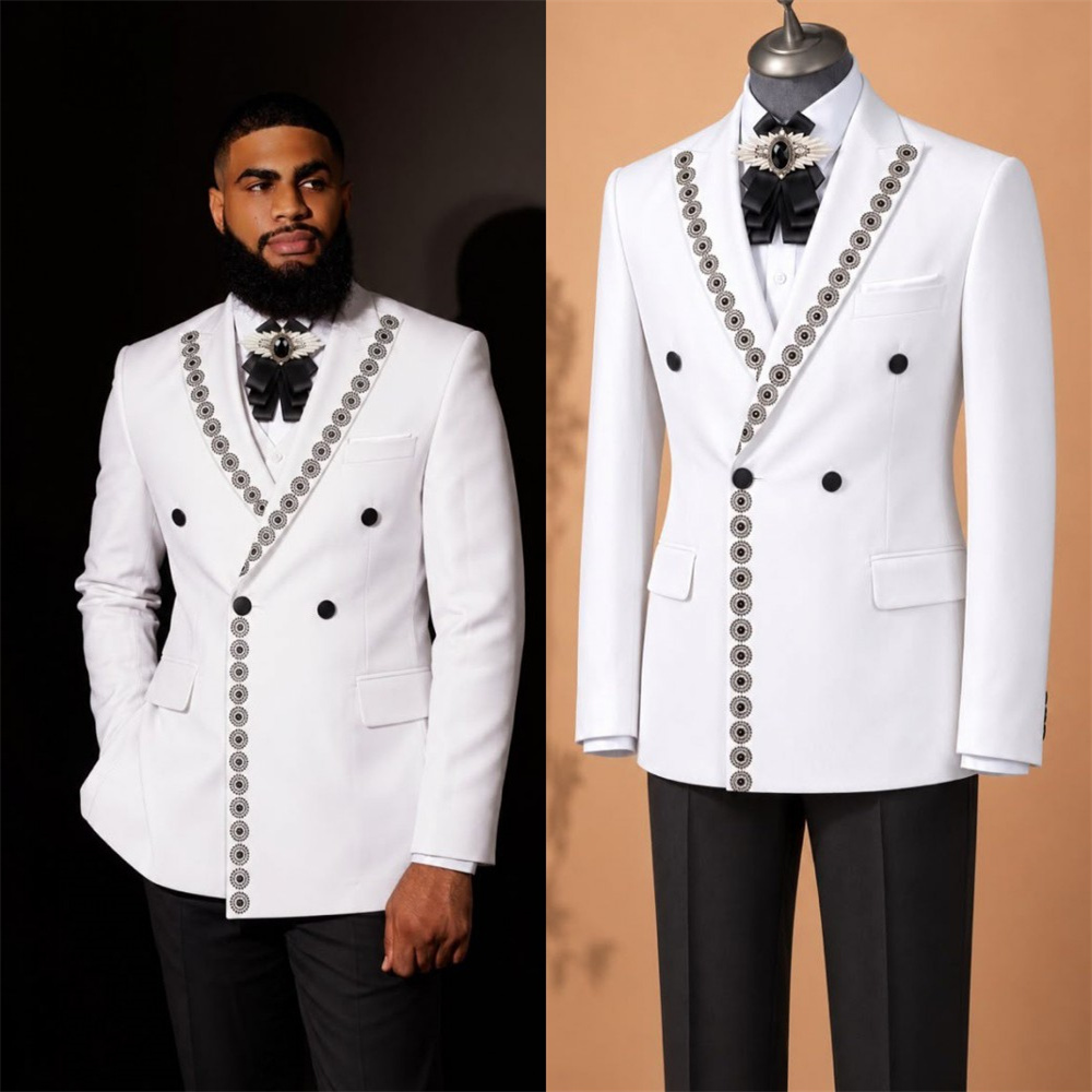 Unique Men's Tuxedo Suit Peak Lapel Double Breasted Applique Trim Blazer Pant 2 Pieces Set Customized Wedding Party Jackets Plus Size
