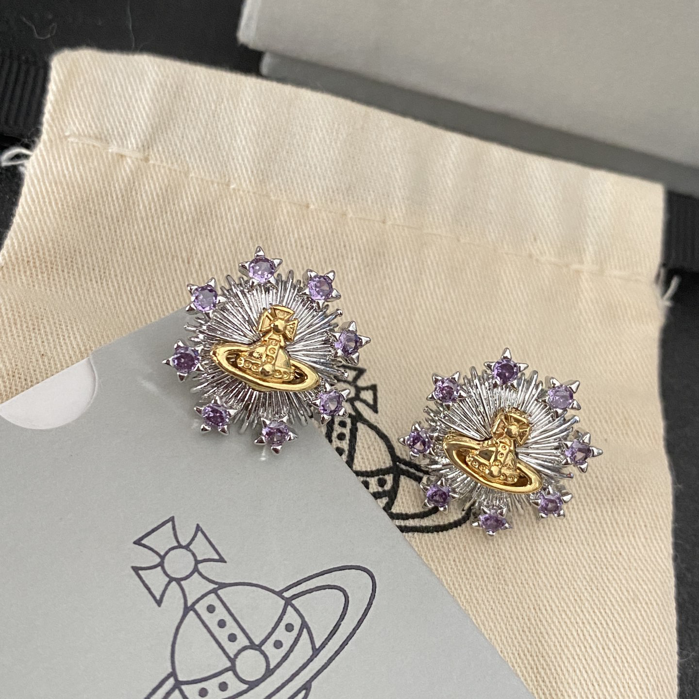 Designer Gold Plated Saturn Purple Zircon Flower Earrings Luxurious High End Gift Suitable For Womens Parties Creating Exquisite And Elegant Jewelry